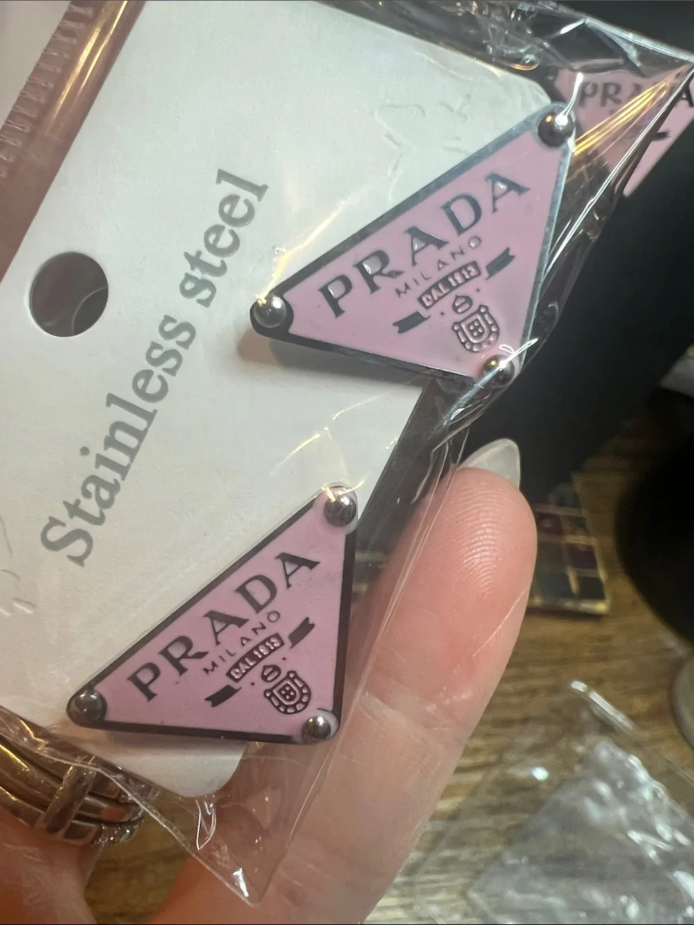Up Cycled Pink Triangle Logo Stainless Steel Drop Earrings